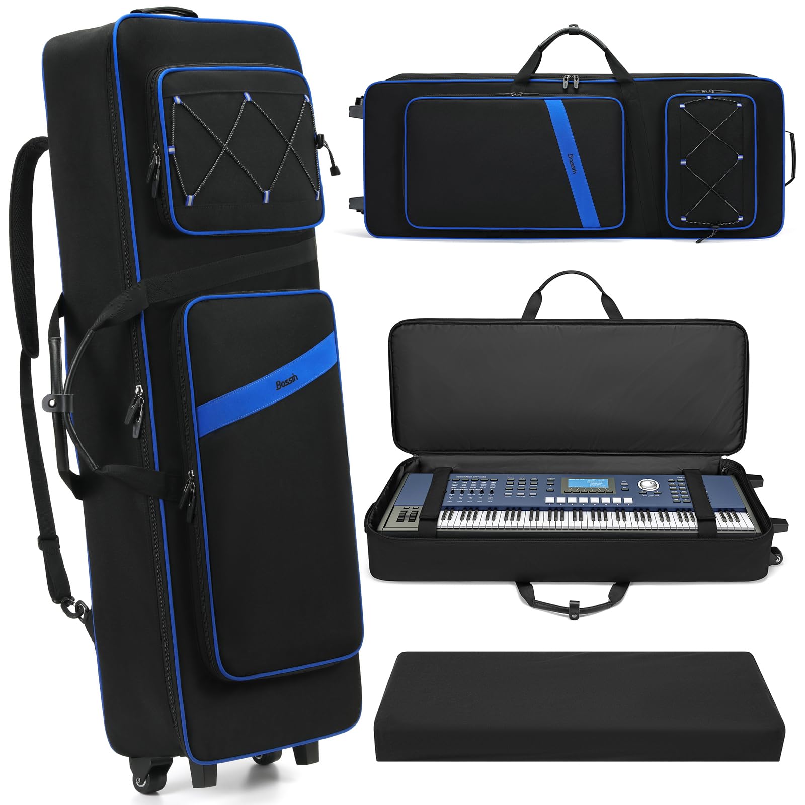 BOSSTIN 61 Key Keyboard Case with Wheels, Internal Size: 42"x 14.5"x 6", Waterproof Padded Rolling Gig Bag Keyboard Piano Case for 61 Key Piano Keyboard (Blue)