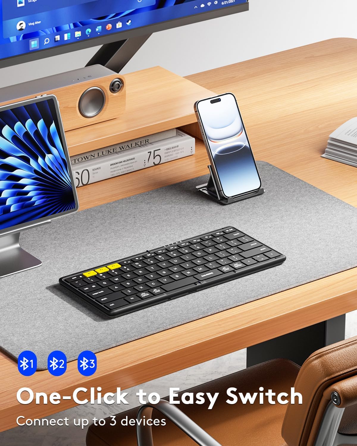 Samsers Full-Size Foldable Bluetooth Keyboard, KF08S Wireless Folding Keyboards with PU Leather Cover, Portable Travel for iPhone iPad Smartphone Tablet Laptop, Android Windows Mac OS, Black - Image 2