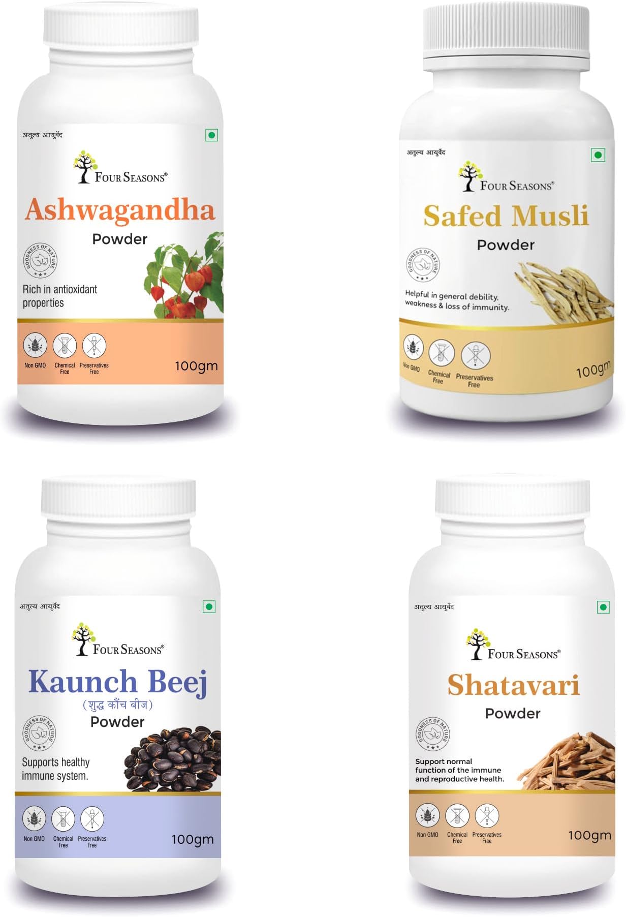 Four Seasons Ashwagandha, Safed Musli, Shatavari & Kaunch Beej Powder Combo (100g Each) | Ayurvedic Herbal Blend for Performance, Strength, Stamina & Vitality | No Added Sugar & Preservatives