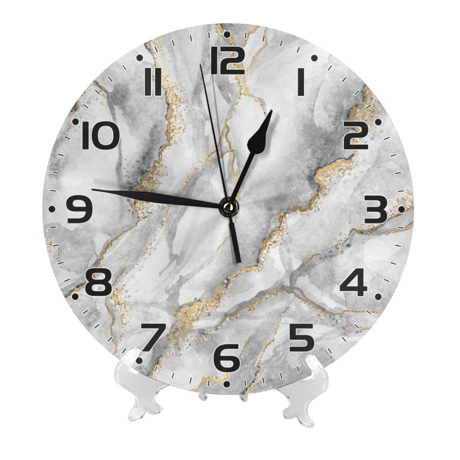 Fovanxixi Golden Grey Marble Wall Clock Silent Non Ticking 10 Inch Quartz Battery Operated Vintage Round Clock Home Decor for Kitchen Living Room Bedroom Bathroom Office