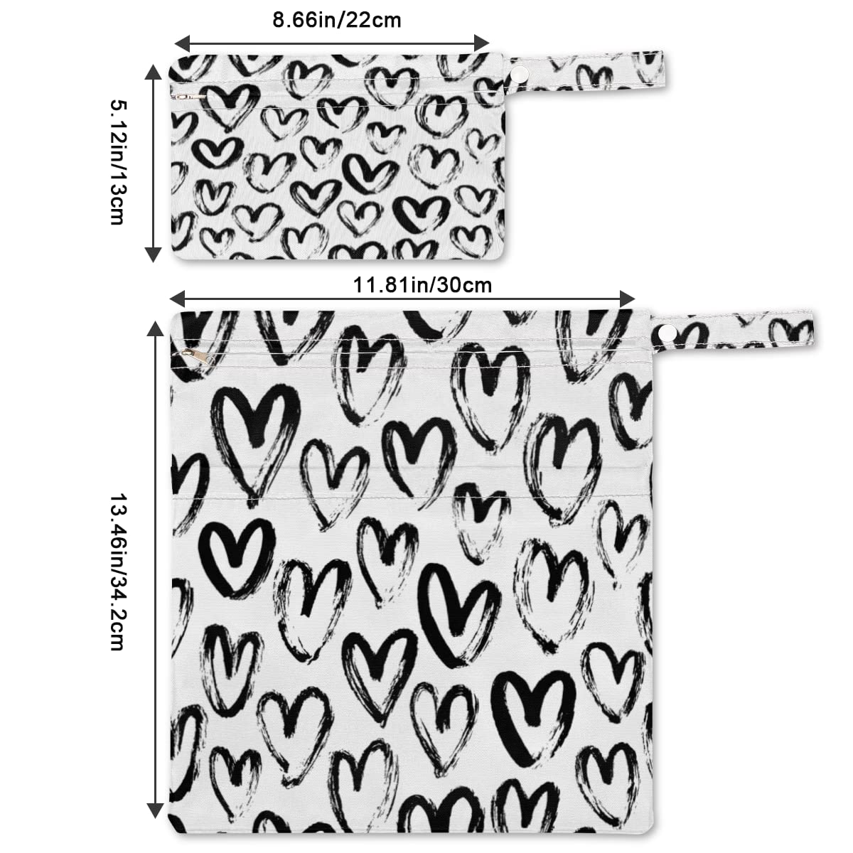 DJYQBFA Wet Dry Bags Hearts Waterproof Wet Bag Black and White Reusable Bags for Swimsuits Cloth Diapers Beach Pool Gym Travel Baby Item 2 Pcs