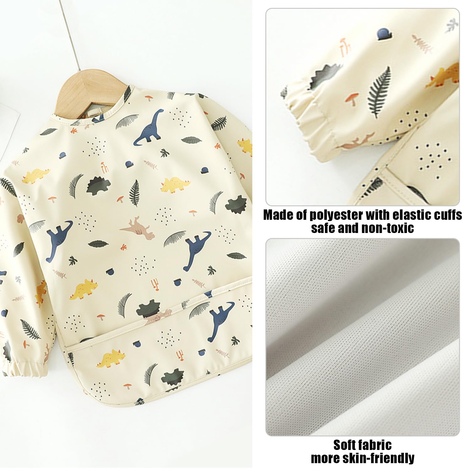 OAAO 1 Pcs Kids Feeding Bib, Long Sleeve Bib, Kids Weaning Bibs, Toddler Apron, Coverall Bib for 6-12 Months Kids (Cream Grey) - Image 3