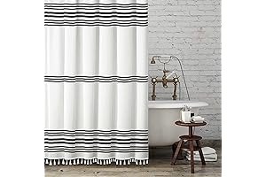Seasonwood Farmhouse Black and White Shower Curtain with Tassels for the Bathroom