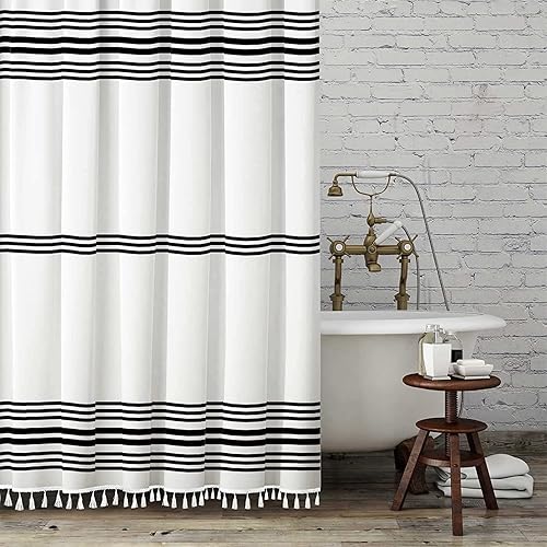 Seasonwood Cortinas de ducha extralargas con borlas modernas en blanco y negro, impermeables, 72 x 96 pulgadas