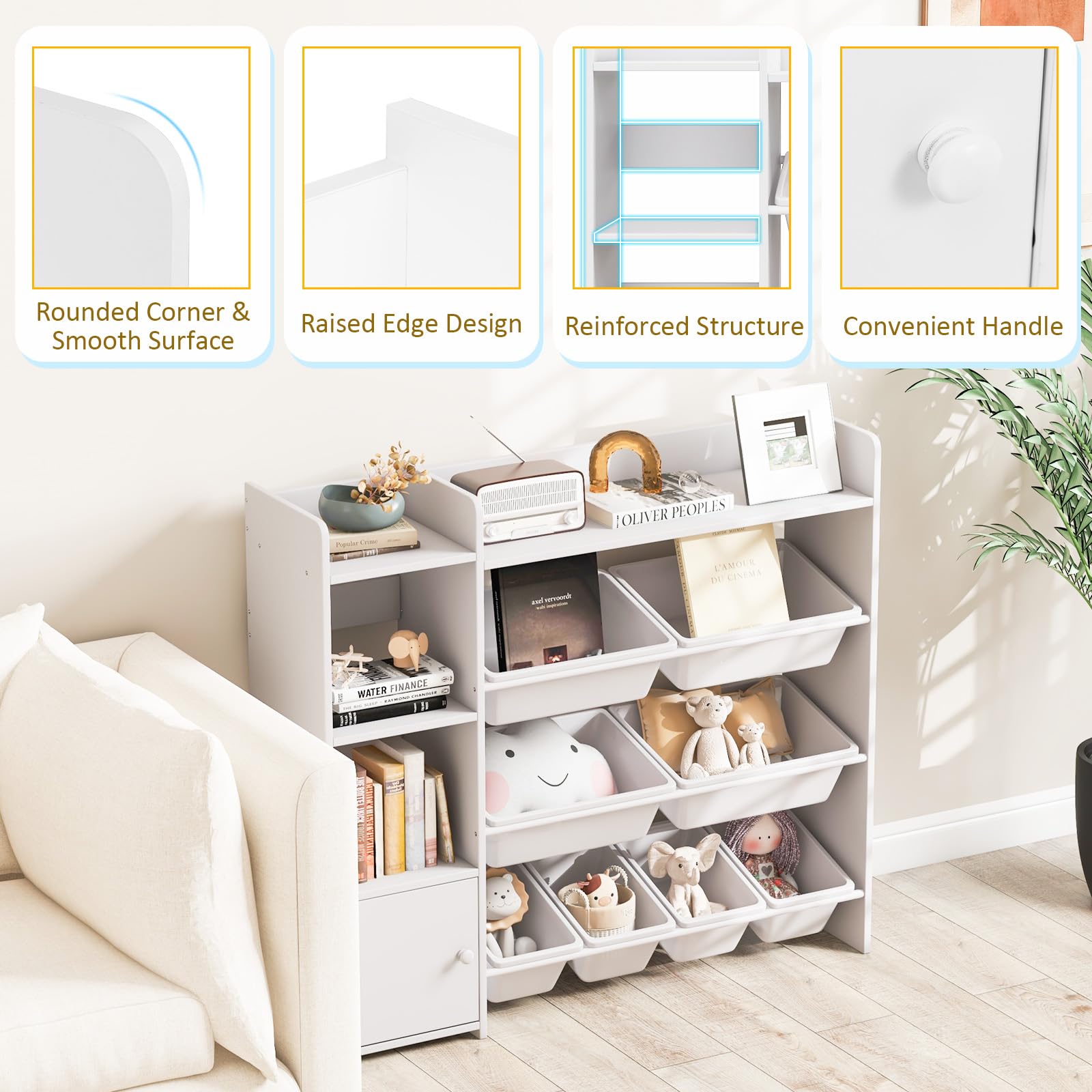 Costzon Organizer per giocattoli, libreria a 4 ripiani per bambini e giocattoli con 8 contenitori per giocattoli, grande armadio con porta, libreria multiuso per bambini per stanza dei giochi, asilo