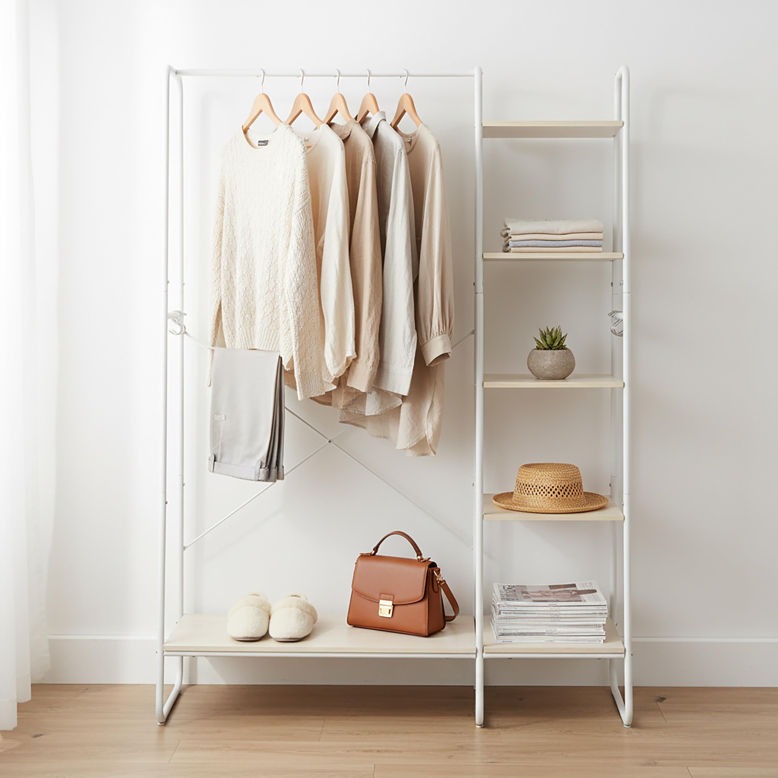Relaxdays Perchero con 5 estantes, Barra y 6 Ganchos, Efecto Madera, 160x120x45 cm, Blanco/Natural