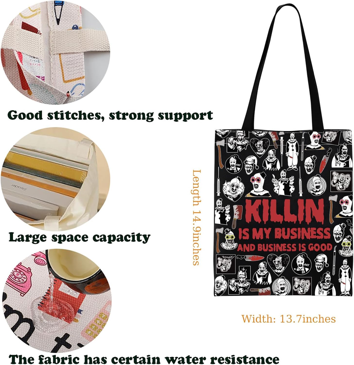 KUIYAI Clown Movie Merchandise Inspired Tote Bag KillerClown Canvas Bag Horror Movie Lover Gift Art Scary Clown Character Gift (BusinessGoodToteBlk) - Image 4