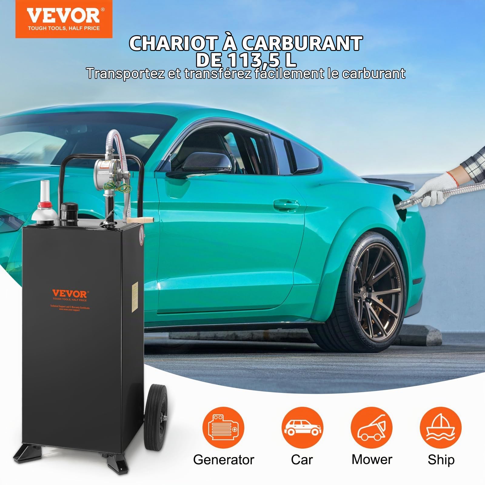 VEVOR Chariot à essence 30 gallons réservoir de stockage de carburant avec roues, pompe de transfert manuelle, conteneur d'essence carburant diesel pour voitures, tondeuses à gazon, VTT, bateaux, noir