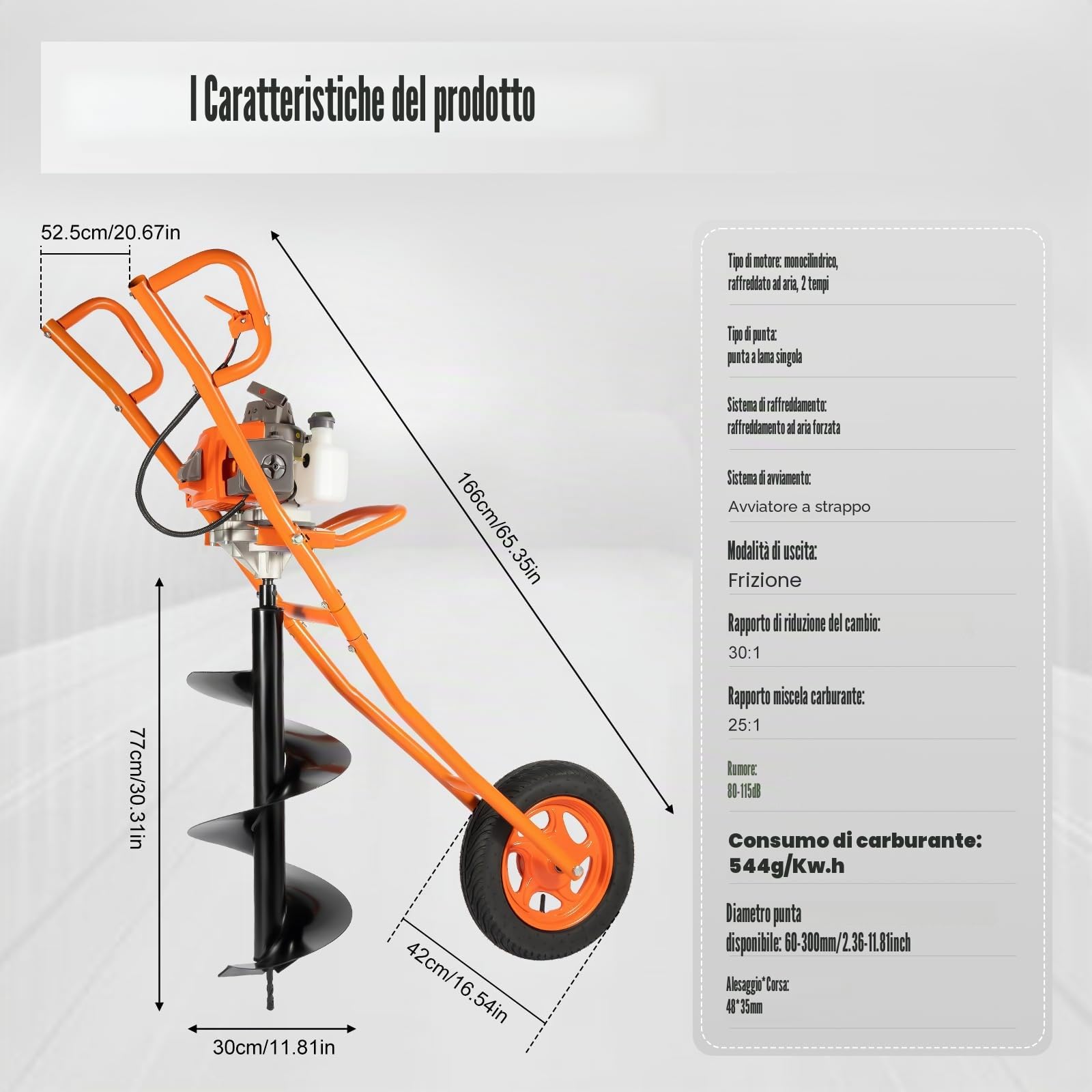 Trapano a benzina a 2 tempi, 63 CC 2,2 KW con ruote, trapano a benzina, trapano a terra con punte per trapano Ø 300 mm, punte per trapano da giardino Earth Auger con carriola (arancione)