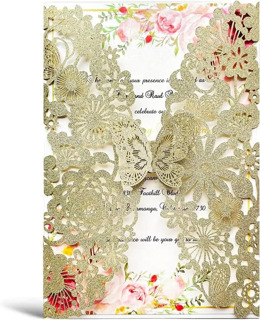 Inviti Matrimonio 5,12 X 7,3'' 50 pezzi Champagne Flora biglietti d'invito for matrimonio con farfalla e buste(Champagne Glitter)