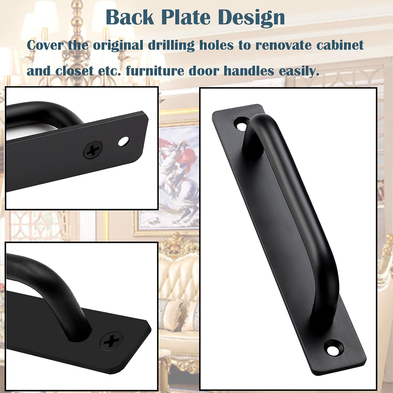 Barn Door Handles 2 Pack, Sliding Door Handle 5 inch Hole Center Black Cabinet Handles Aluminum Alloy Gate Door Pulls with Plate for Sliding Closet Door Hardware Pull Handle(5.83inch)