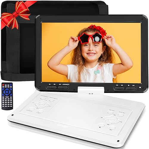 YOOHOO 16.9" Portable DVD Player with 14.1" Large Swivel HD Screen, Designed with Screen Button, Support USB/SD Card/Sync TV/Multi Discs, Region-Free, Power Adapter, Car Charger, Car Headrest Case