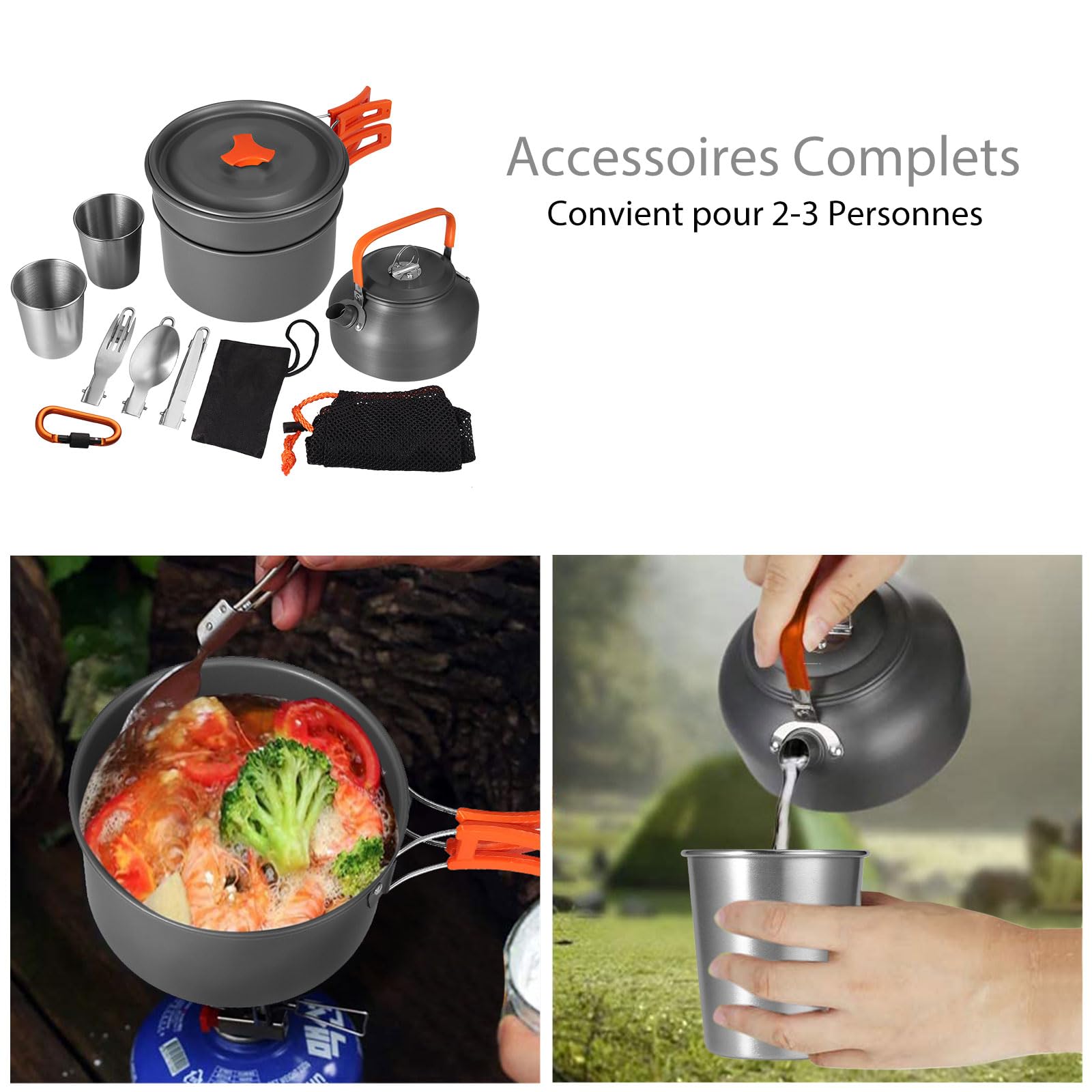 Accessoire Camping, HOMGEN Multi-PCS Kit de Casseroles Camping Légère pour 2 à 3 Personnes Ustensiles de Cuisine de Camping en Aluminium Durable pour Randonnée Camping Pêche