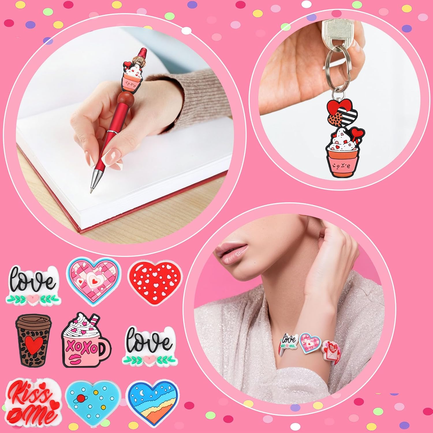 VioraWhite 100 Pcs Valentine's Day Silicone Beads for Pens Series Silicone Beads Charm Keychain Kit Lanyard Making Kit for Bracelet Necklace Jewelry Handmade Crafts Decoration