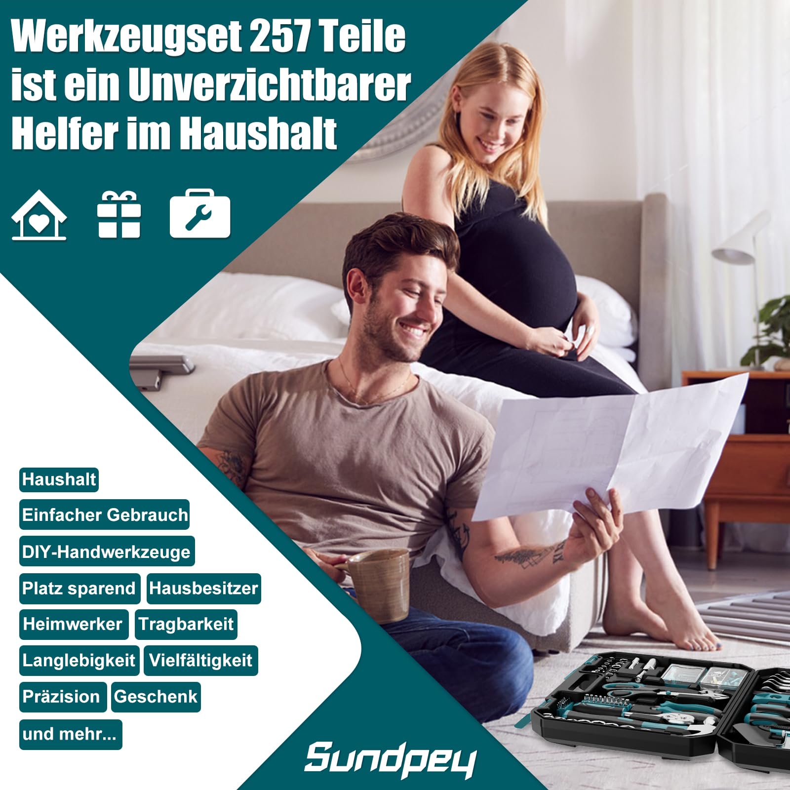 Sundpey 257 tlg Werkzeugkoffer Gefüllt - Universelles Handwerkzeug-Set mit Ratschen & Steckschlüssel, Tragbarer Kompletter Werkzeugkasten in Blau