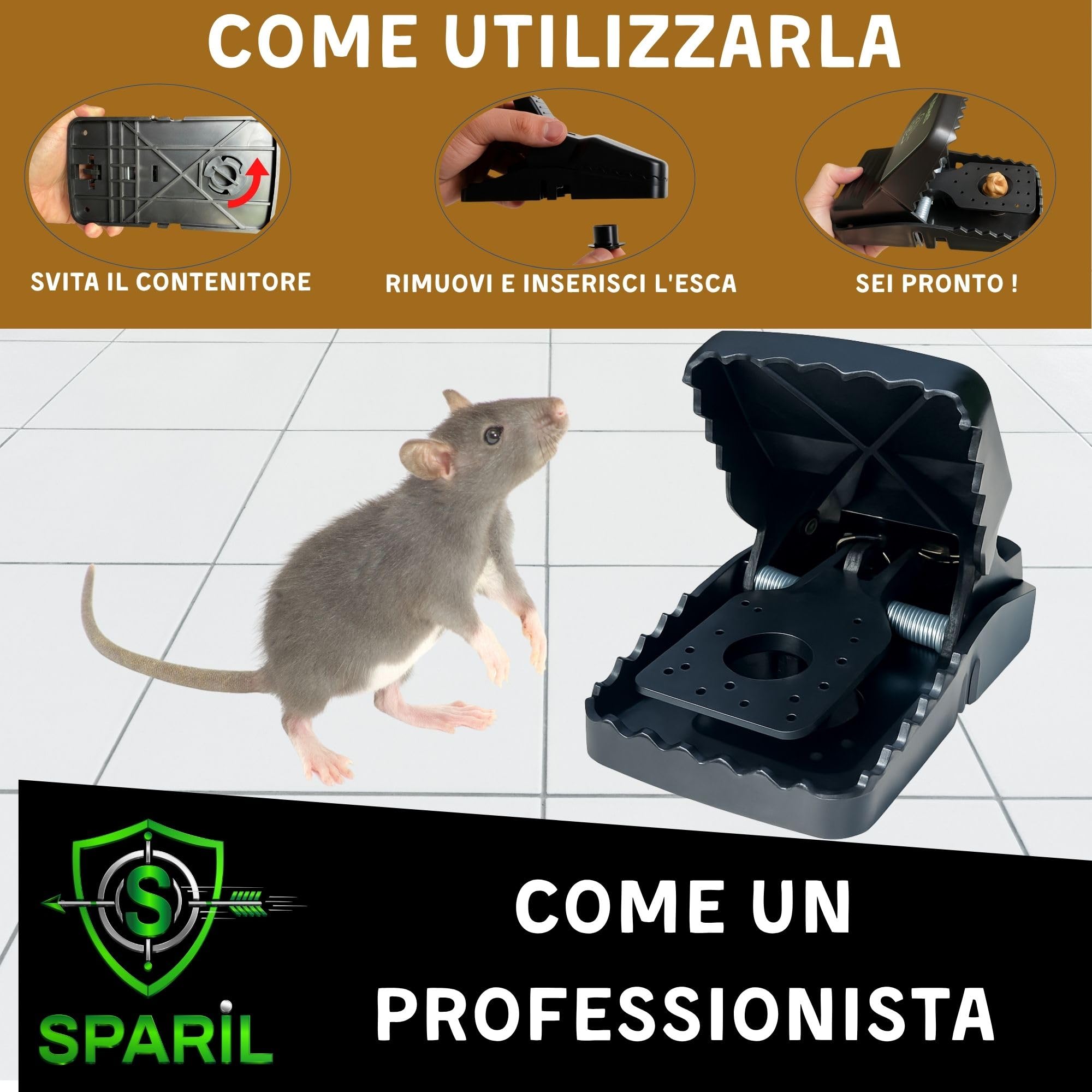 Trappola per Topi Grandi XXL 21cm SPARIL. Kit 2 Trappole a Scatto per Ratti Riutilizzabili Senza Veleno. Guanti e Ebook in Omaggio. Per Cantina, Garage ed Esterno