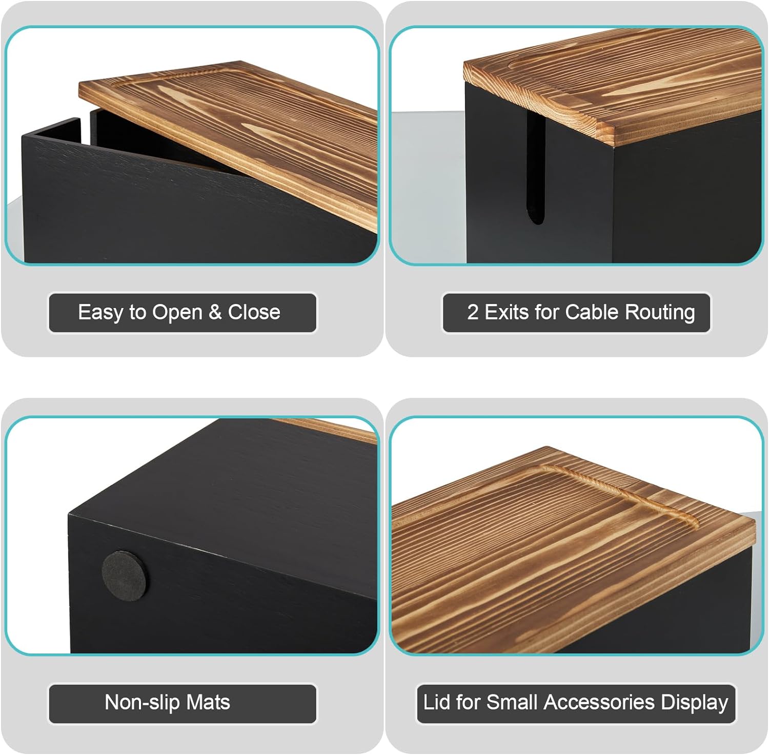 Bivvclaz Large Cable Management Box, Wooden Cord Organizer Box for Desk, Floor, Office to Hide Extension Cords Power Stripes Surge Protectors Chargers Wires, Black