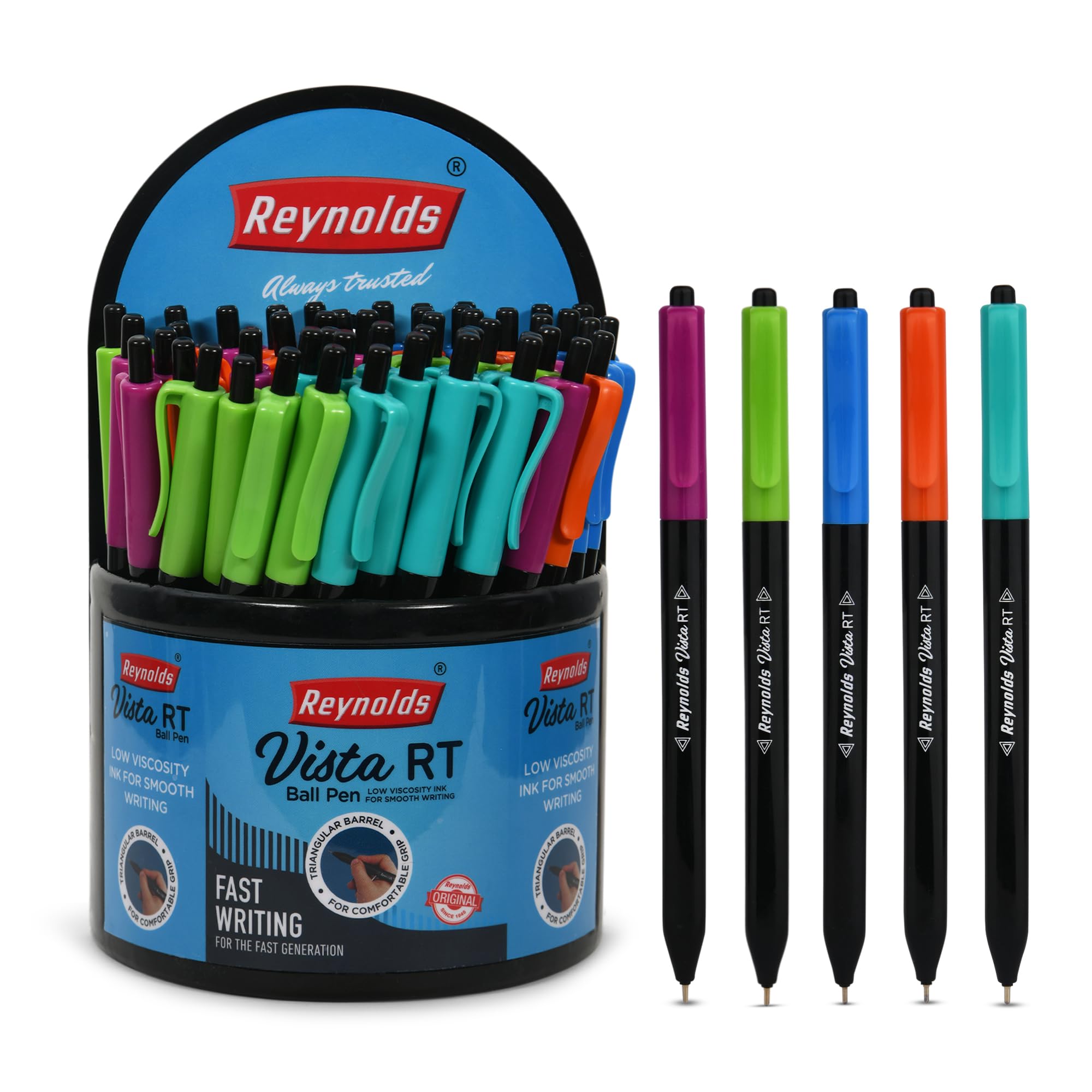 ReynoldsVISTA RT 50 CT PACK - DISPENSER | Ball Point Pen Set With Comfortable Grip | Pens For Writing | School and Office Stationery | Pens For Students | 0.7 mm Tip Size