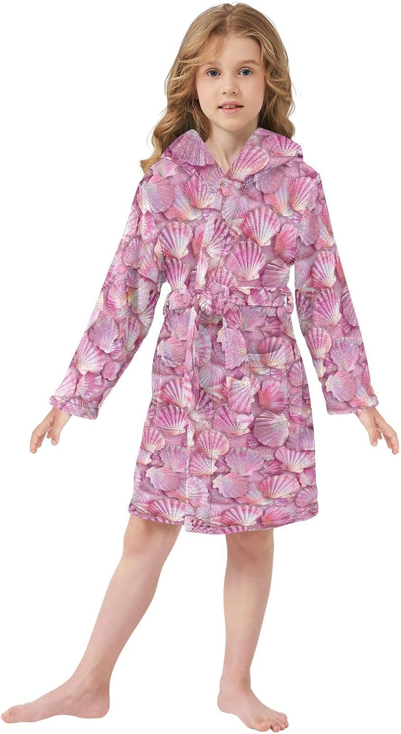 senya Purple Seashells Toddler Hooded Bathrobe Kids Soft Plush Bath Towel Robes for Boys Girls 2-12 Years