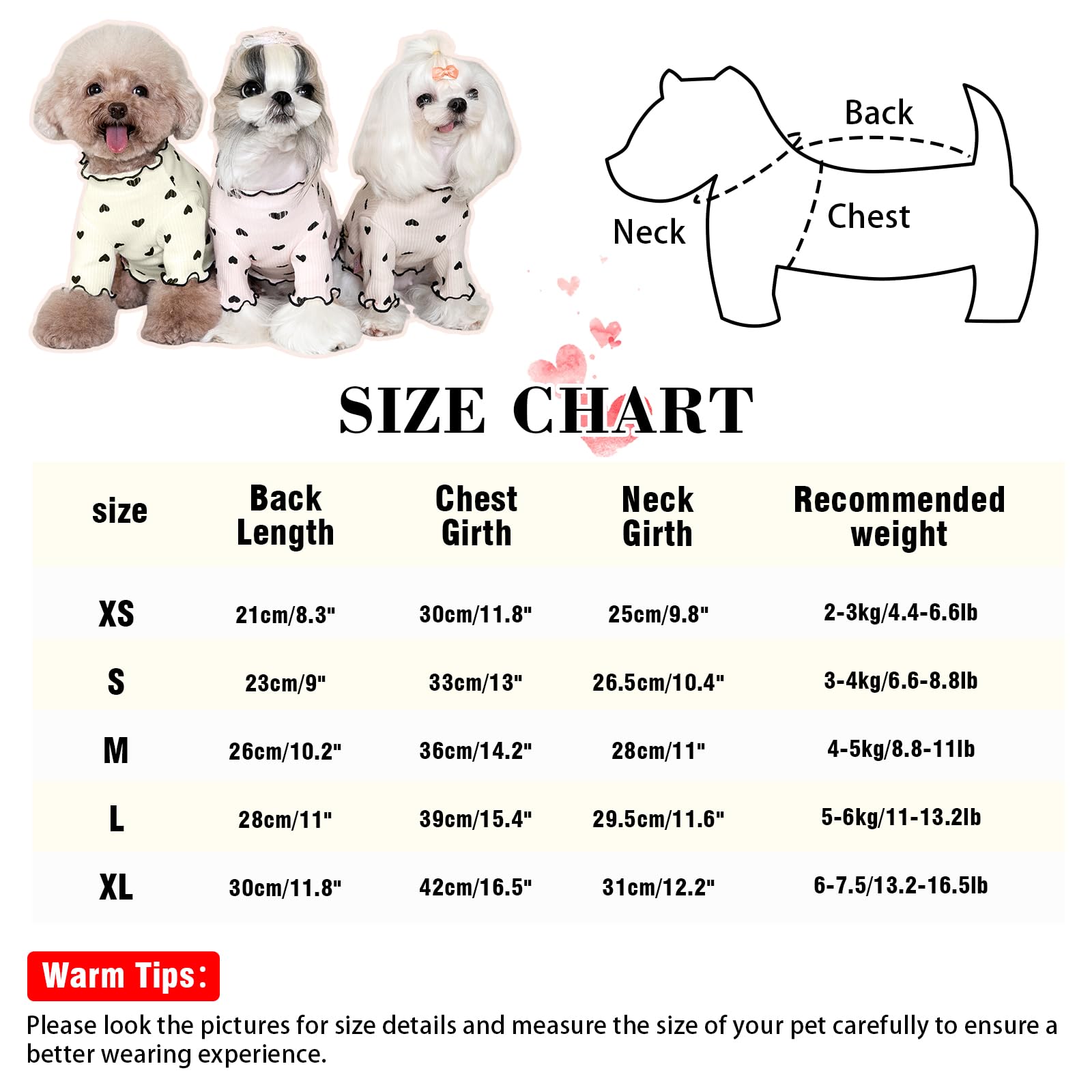 Yaopelky Pet Clothes for Small Dogs Cat Summer Fall Heart Print Shirt Stretchable Ruffle Long Sleeve Outfits for Chihuahua Schnauzer Shih Tzu Yorkie (Beige - Image 3