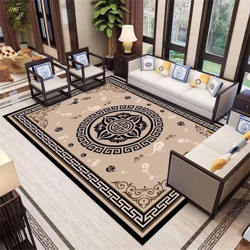Tapis oriental noir 120x120cm haut de gamme antidérapant pour salon chic