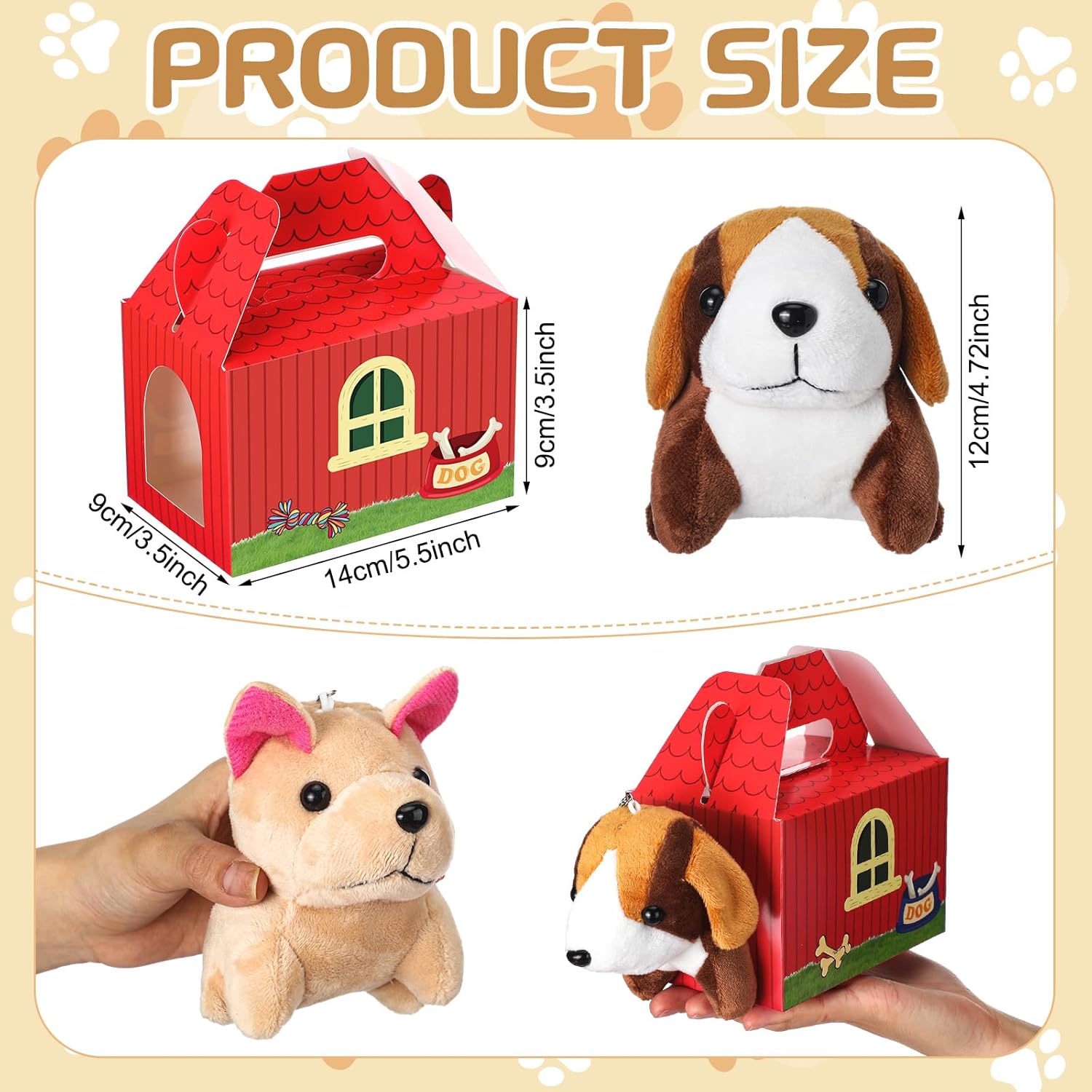 Fainne 12 Pcs Dog Party Favors Boxes with 12 Pcs Mini Plush Dog Set Adopt a Puppy Party Favors Treat Boxes Foldable Gift Puppy Theme Stuffed Animal for Birthday Supplies Decoration (House)