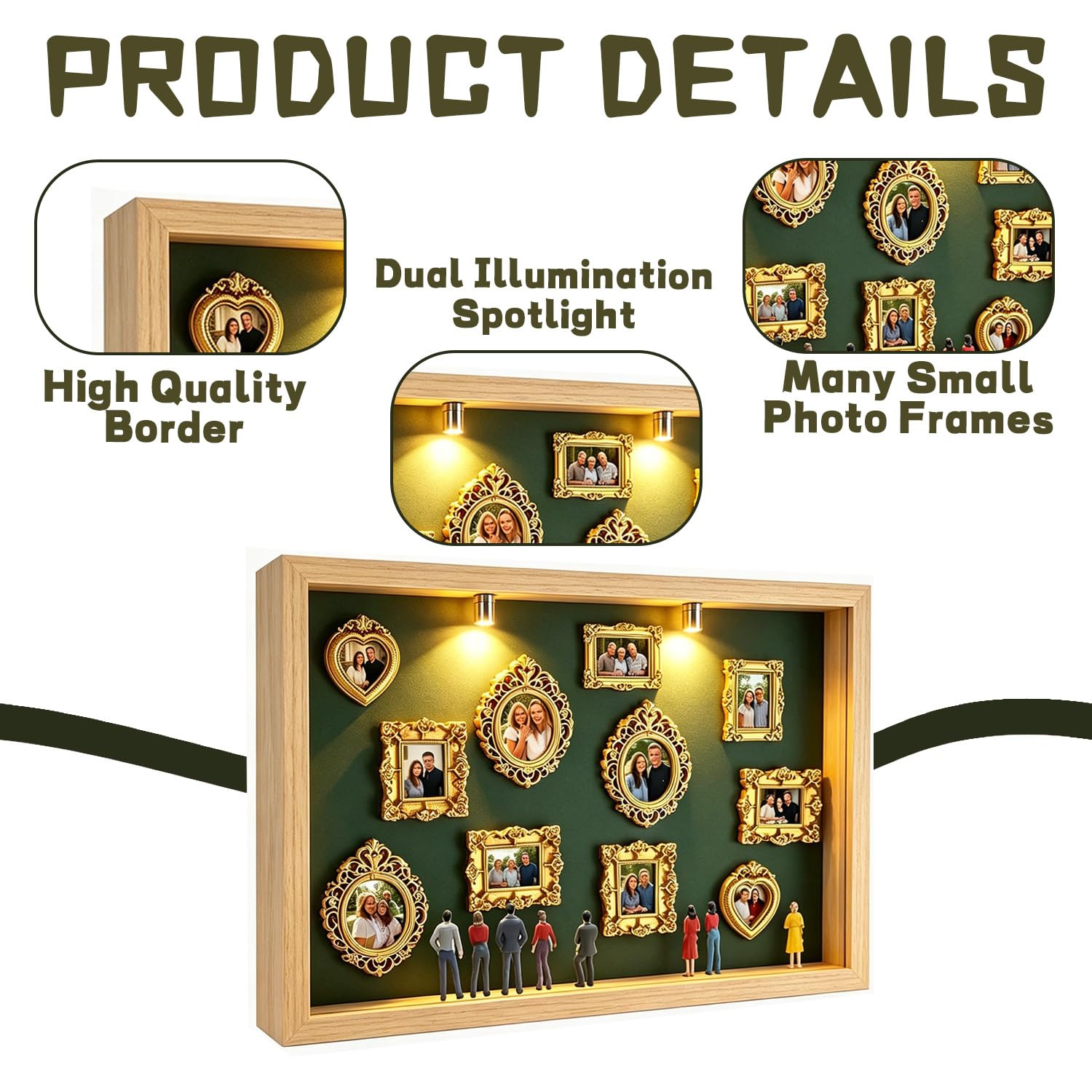 Mini Museum Silhouette Box, Neu Kreatives Bilderrahmen DIY mit LED Licht, Erinnerungsdisplay Kit mit 11 Mini Goldene Rahmen 8 Zufällige Figuren Set, Jahrestag Geschenke Ideen (Naturholzrahmen, grün)