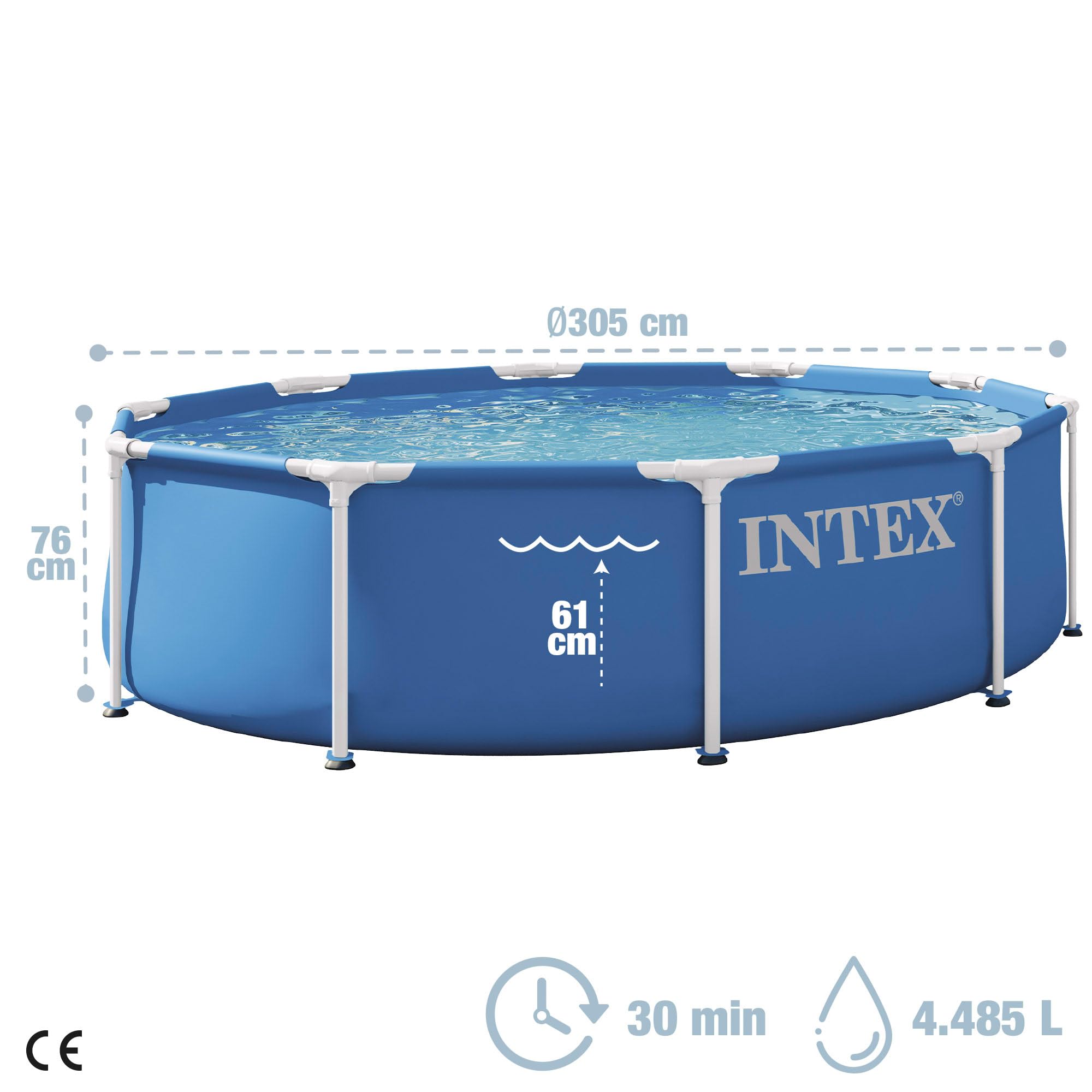 Intex - Piscina Desmontable, Metal Frame, D305x76 cm, Capacidad 4.485 litros, Incluye depuradora, Montaje 30 Minutos, Conexiones Ø32 mm, para Mayores de 6 años, Piscinas Redondas (56097)