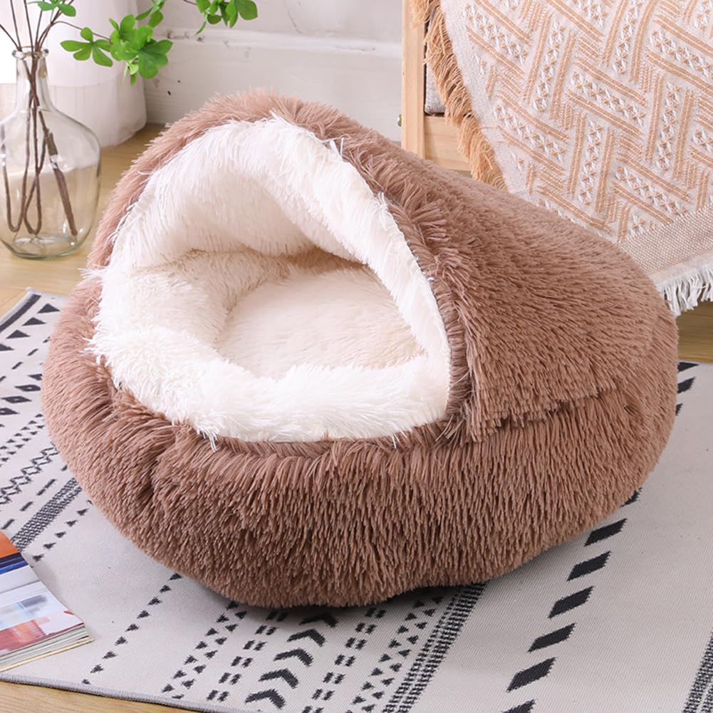 Yuly Panier Chat, Panier pour Chien, Semi-fermé, Coussin Apaisant pour Chats, Lit Moelleux en Peluche pour Animaux, Canapé, Lavable et Anti-anxiété, Antidérapant (Café)