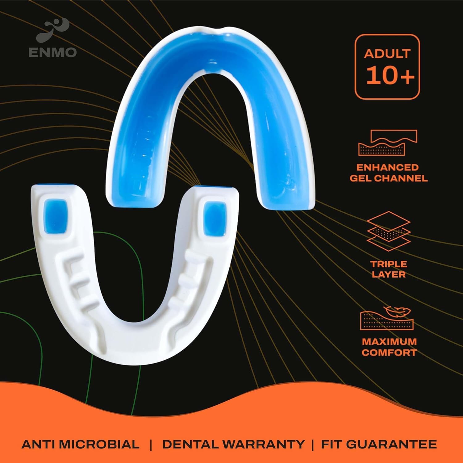 Enmo Maxilla Pro Ochraniacz na zęby – z etui, dla dorosłych i dzieci w wieku 10+, potrójna warstwa, kanał żelowy, technologia Breathing Channel Tech, Boil & Bite, antybakteryjny, rugby, boks, MMA,