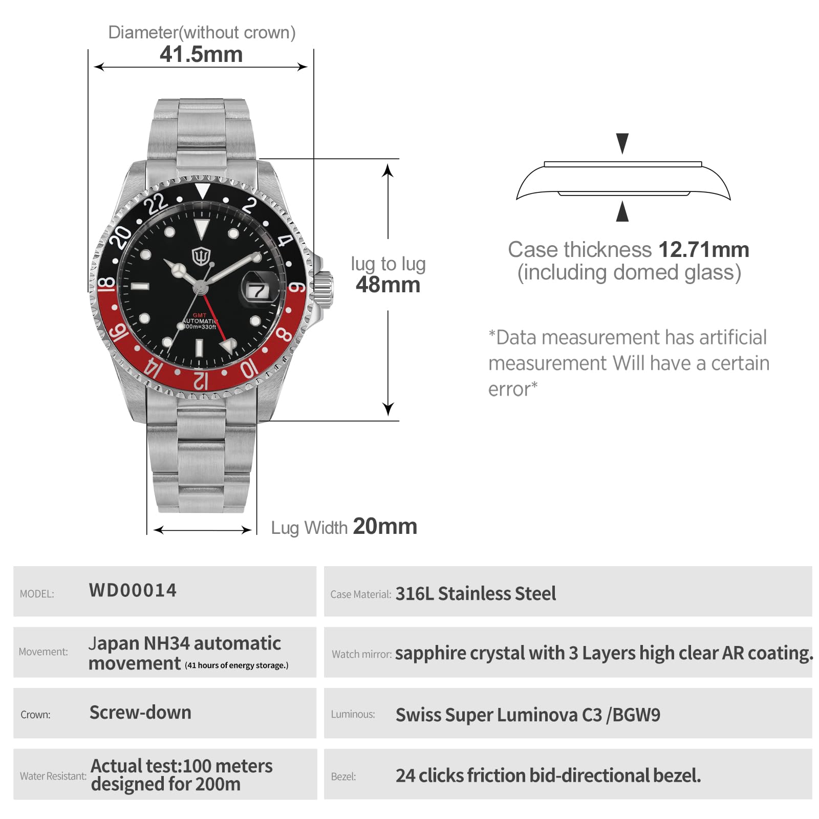 watchdives GMT-Uhren für Herren, WD0014, Taucheruhr mit Zwei Zeitzonen, NH34, automatische Vintage-Armbanduhr, 40 mm, Aluminium-Lünette