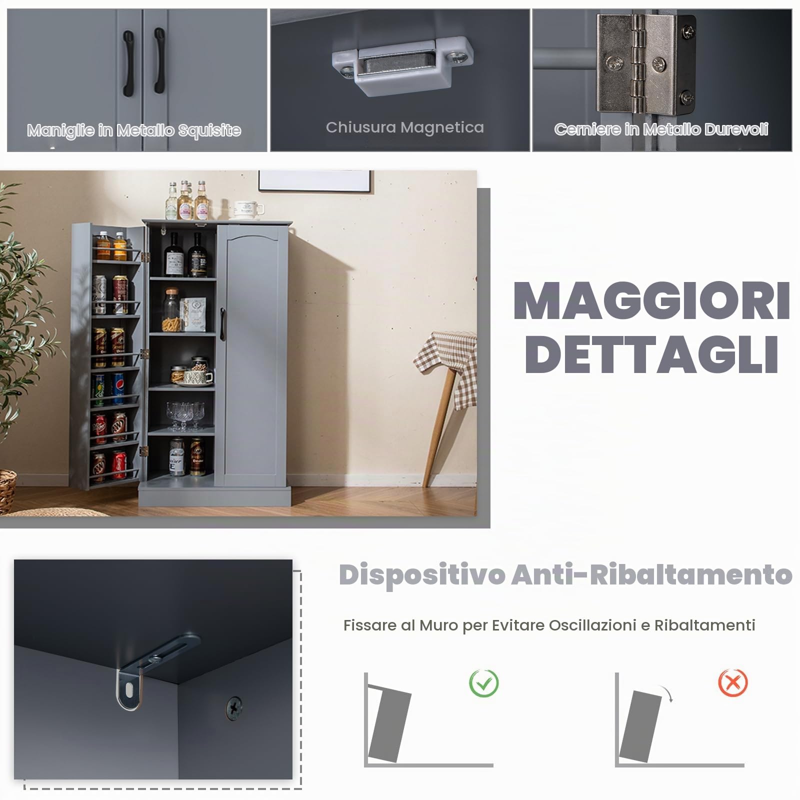 KOMFOTTEU Mobiletto Multiuso con Ripiani Regolabile, Credenza Cucina Salvaspazio, Armadio a Buffet con Dispositivo Antiribaltamento, Madia Soggiorno Moderna per Sala da Pranzo, 60x40x120cm (Grigio)
