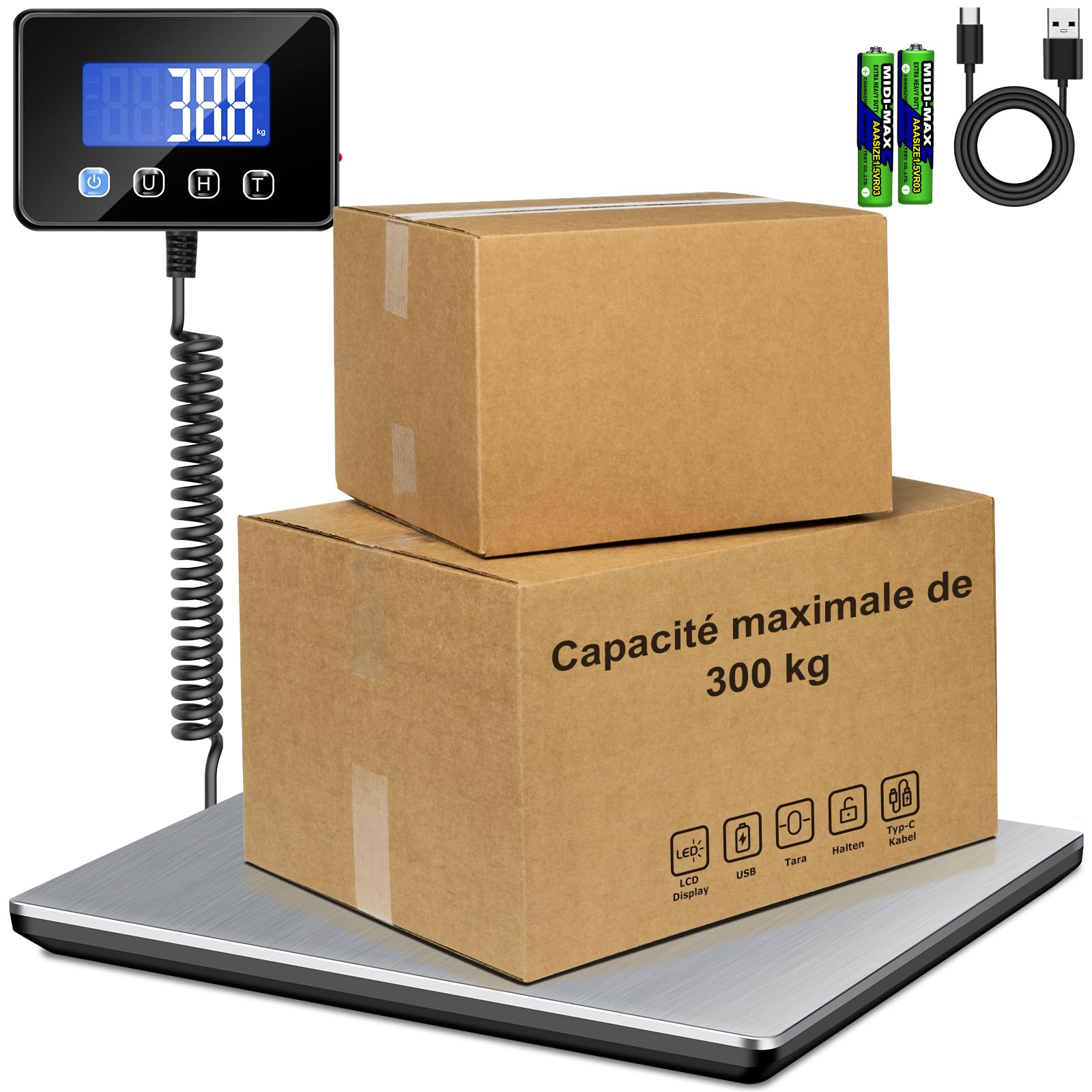Balance Colis 300kg avec Haute Précision 20g, Pèse Colis Professionnel, Grand Écran LCD, Fonction Tarage, Alimentation sur Batterie ou Rechargeable, Idéale pour Expédition Entrepôt Commerce