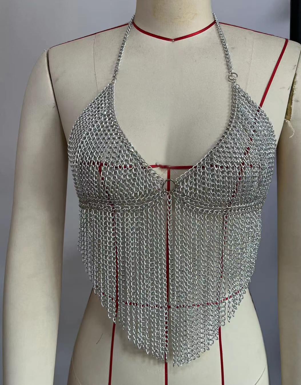 Silver Body Chain Tassel Crop Top Metal Backless Bra Body Jewelry for Women Festival Rave Halter Bralette Chest Chain
