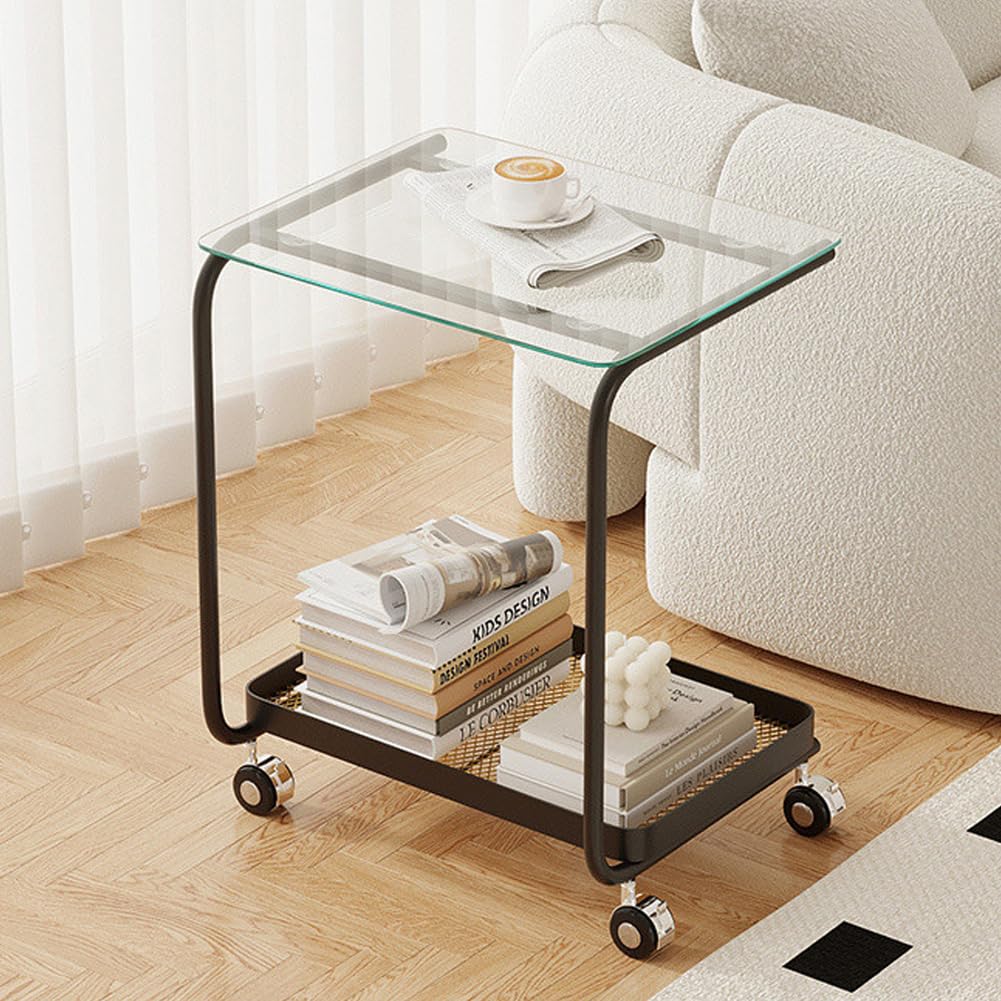 SXZenSpace Tempered Glass Snack Side Tables with Steel Frame, Portable Indoor Outdoor Couch C Table End Table,2 Tier Small Shelf for Living Room, Bedroom,black,transparent