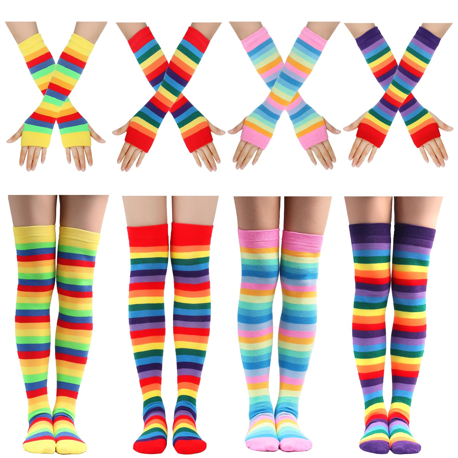 Ibeauti 8 Pcs Womens Striped Knee High Socks Stockings Y2K Goth Knitted Long Arm Warmer Fingerless Gloves Set