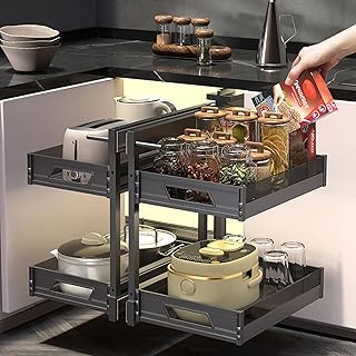 Dual Tier Pull Out Shelf Organizer Cabinet Pull Out Organizer Blind Corn...