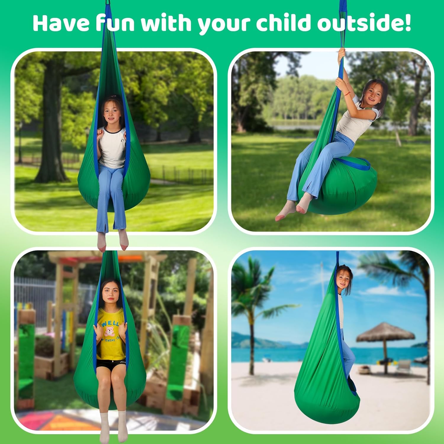 Sensory Swing for Kids Indoor and Outdoor Pod Hammock Chair Seat Upgrade Max 300 lbs Hanging Swing with Inflatable Cushion Includes Hardware Hanger Kit for Aspergers Autism ADHD (Green)