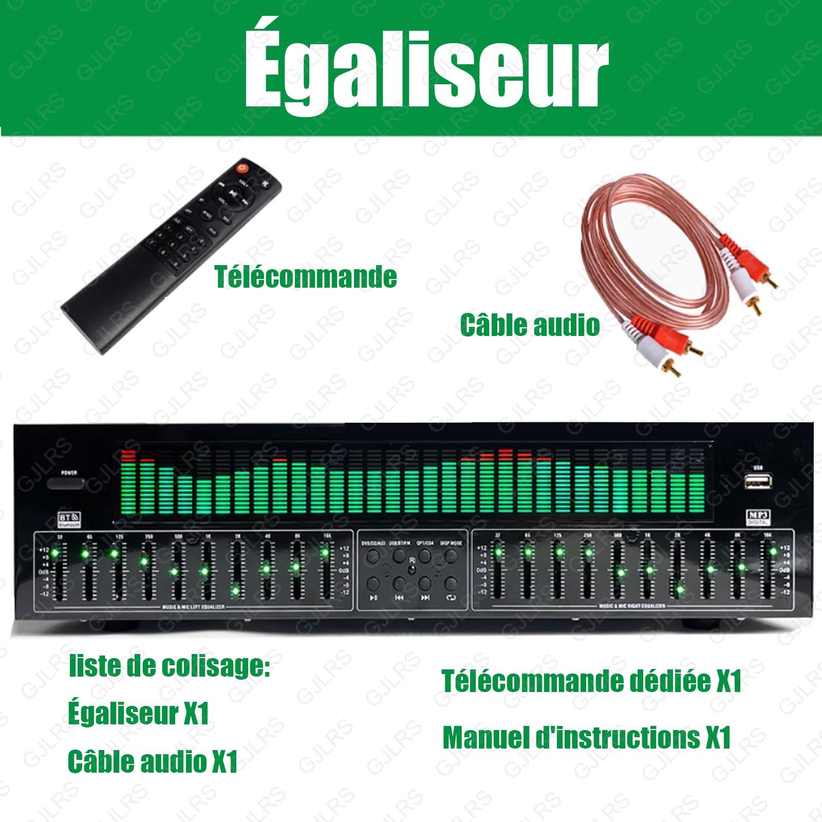 Égaliseur Graphique Stéréo 31 Bandes, Contrôleur D'effet Équilibré, Qualité Sonore Haute Définition, Rapport Signal/bruit > 95 DB, Signal D'affichage À 30 Lumières, Prend En Charge 12 Modes De Saut