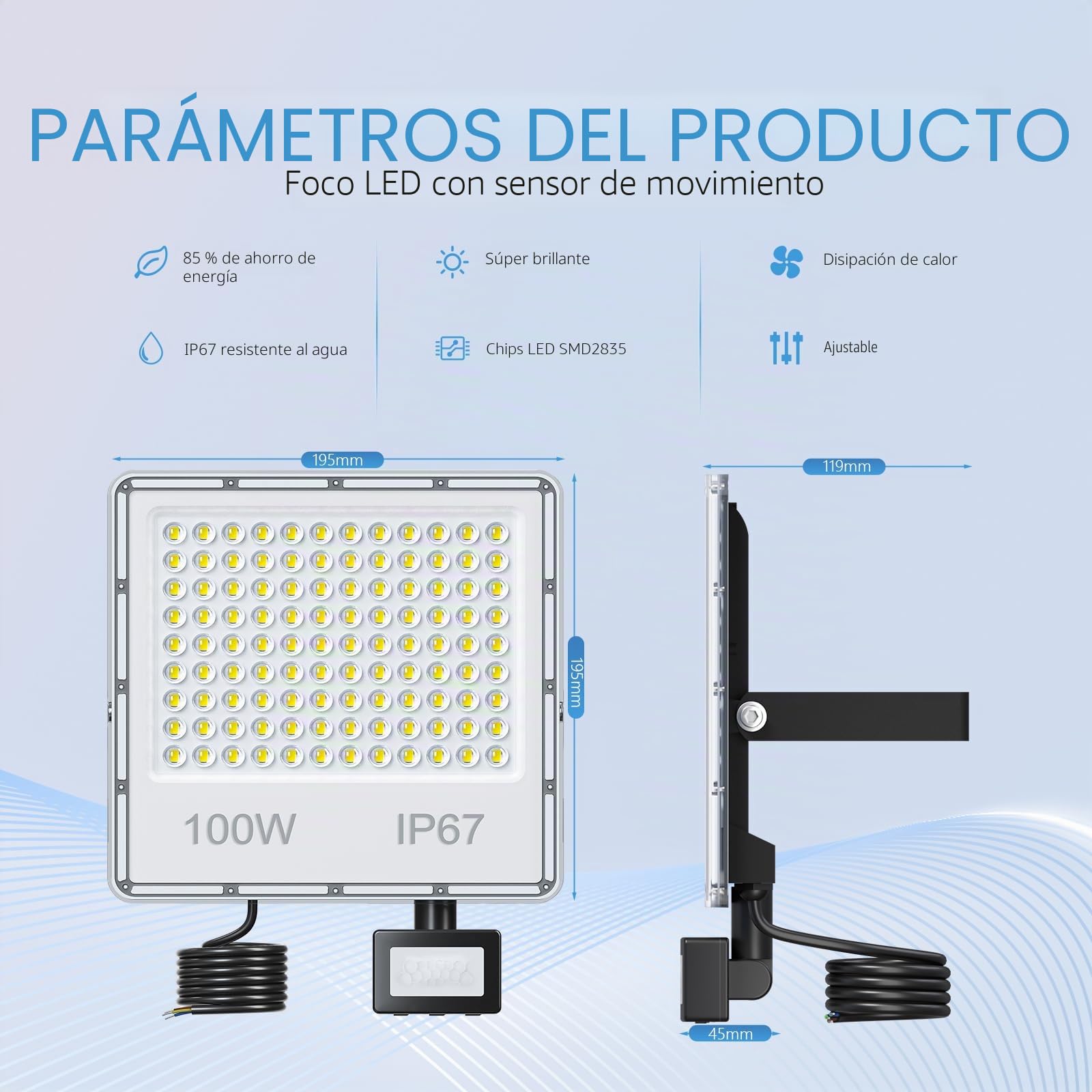 Focos LED Exterior con Sensor de Movimiento 100W, Foco LED con Sensor de Movimiento 10000LM 6500K Blanco Frío Impermeable IP67 para Jardin(2 Piezas)