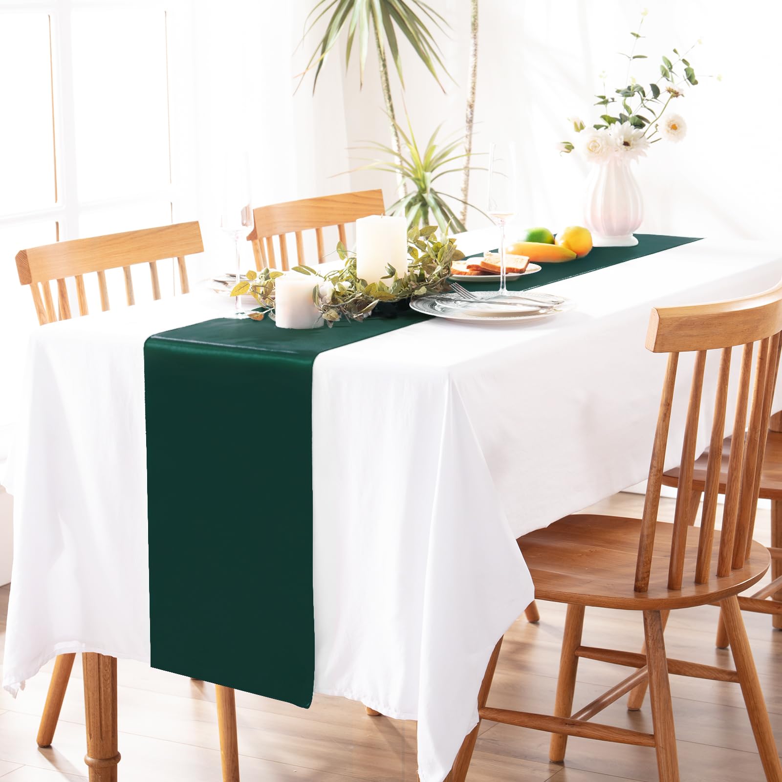 Tischläufer aus Satin, 30,5 x 274,4 cm, glatte Seide, Tischläufer für Hochzeiten, Bankette, Partys, Geburtstage und Abschlussfeiern, Grün, 5 Stück