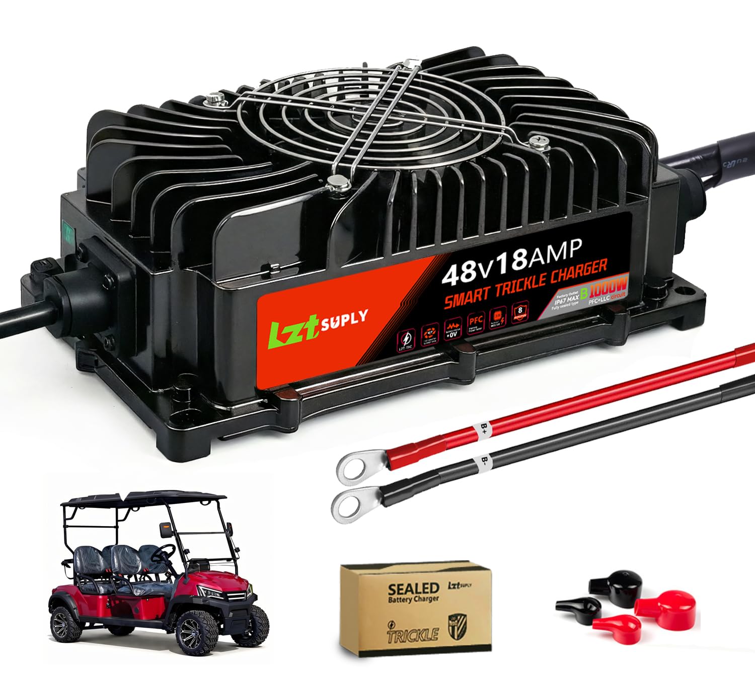 48V 18A LiFePO4 Onboard Battery Charger for Golf Cart, RV, Boat,Truck, and 58.4V Lithium Batteries, IP67 Waterproof Sealed Charger with M8 Ring Terminal