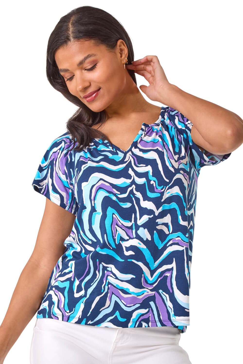 Roman Originals Women's Blue Abstract Print Hanky Hem Stretch Top For Uk - Everyday Holiday Spring Summer V-Neckline Comfy Soft Evening Vacation Work Party - Size 20