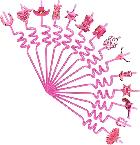 Lumsburry 14 piezas de recuerdos de fiesta de vaquera, popotes rosados reutilizables, suministros de decoración de cumpleaños para despedida de