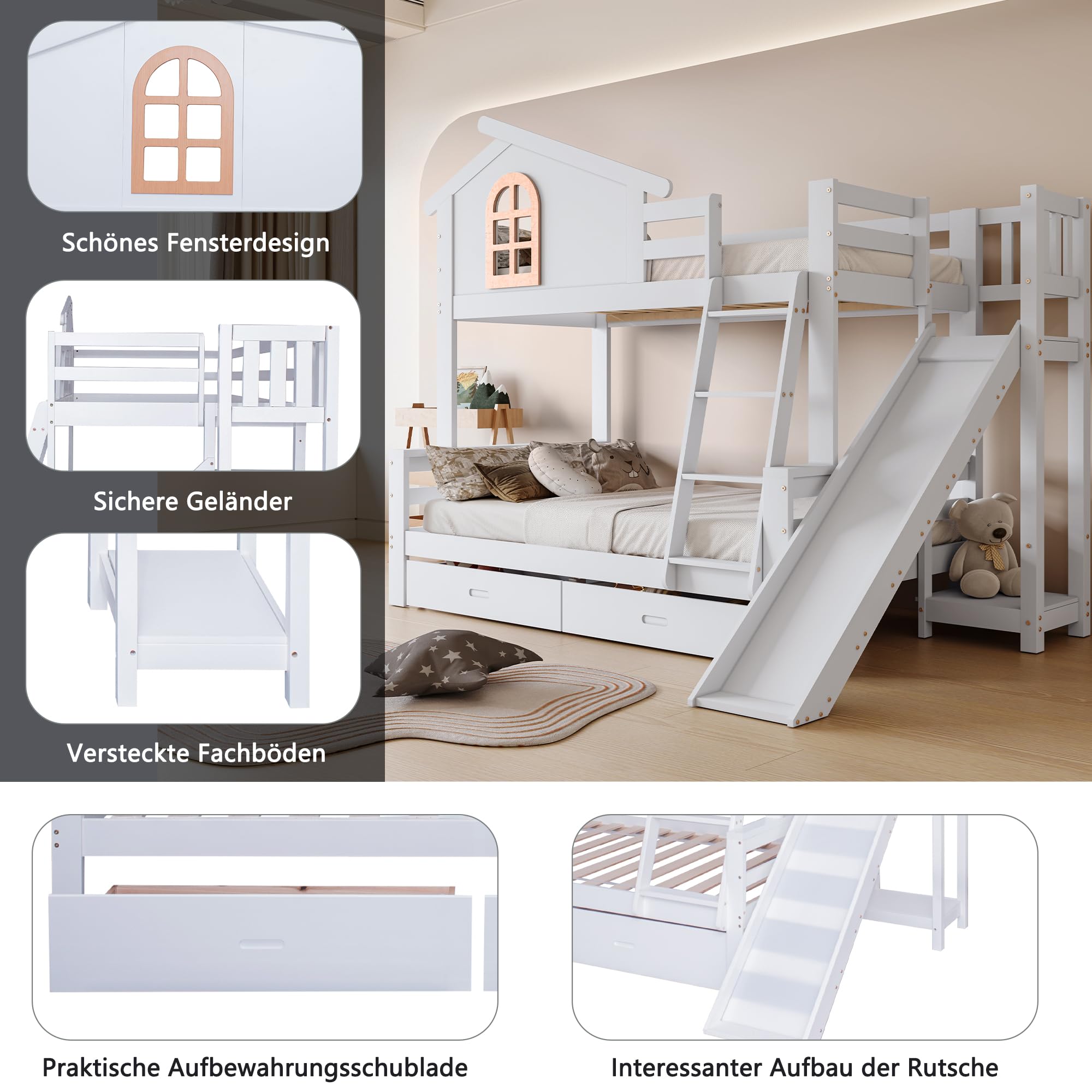 Moimhear Etagenbett mit charakteristischen Fenstern und vierstufiger Kipptreppe, Kinder und Mutterbett mit mit Rutsche, mit Zwei Schubladen, Bettrahmen aus Massivholz, Weiß, 90x200 & 120x200cm