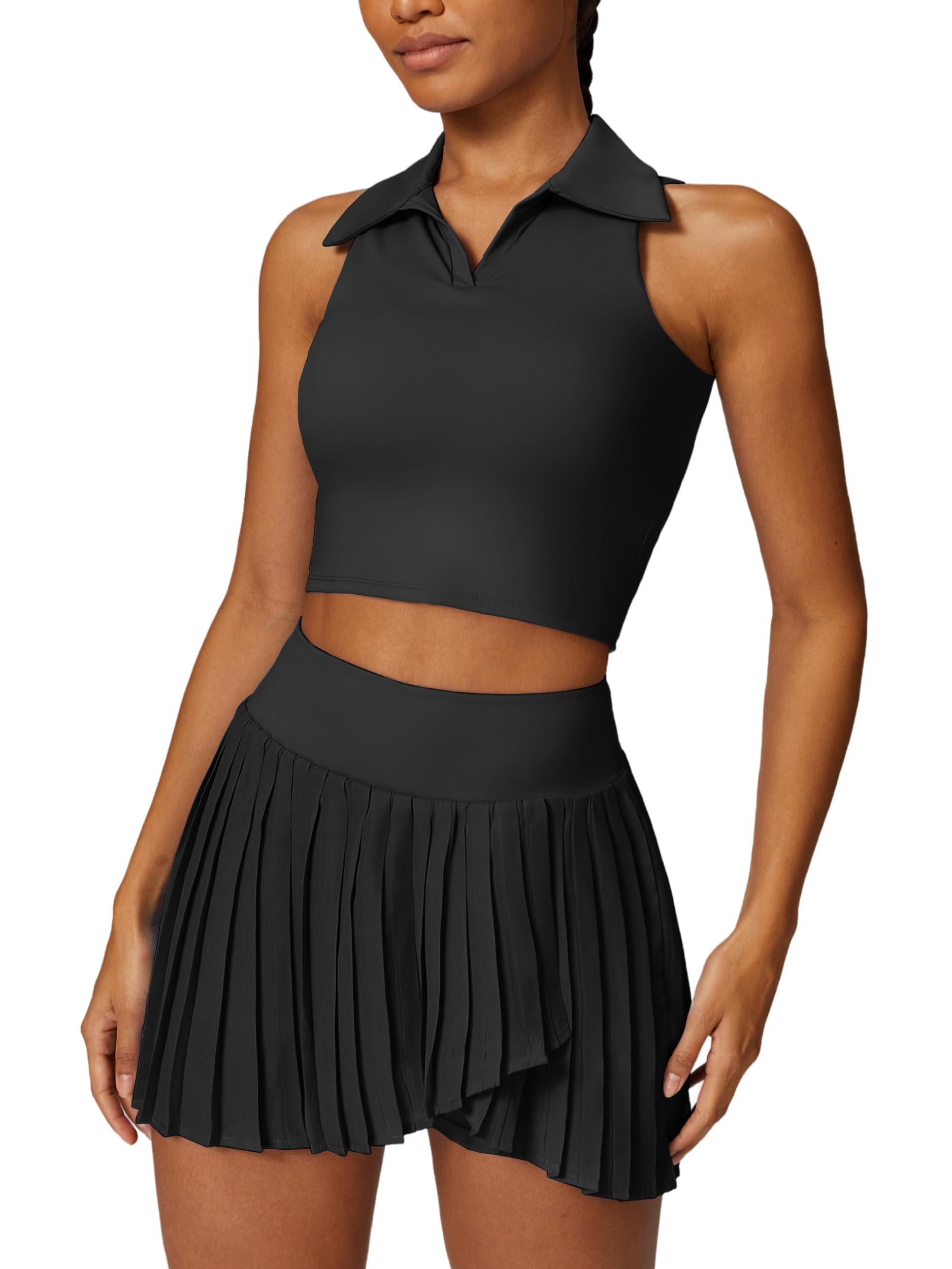 Women 2 Piece Tennis Dress Sleeveless Racerback Padded Crop Top Pleated High Waisted Tennis Skirt Golf Workout Outfits-image-46