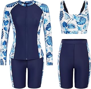 JACK SMITH Women's 3 Piece Long Sleeve Rash Guard Swimsuits Zip Front Bathing Suit Tankini Swimsuits UPF 50, Navy/Flower, ... Price In India