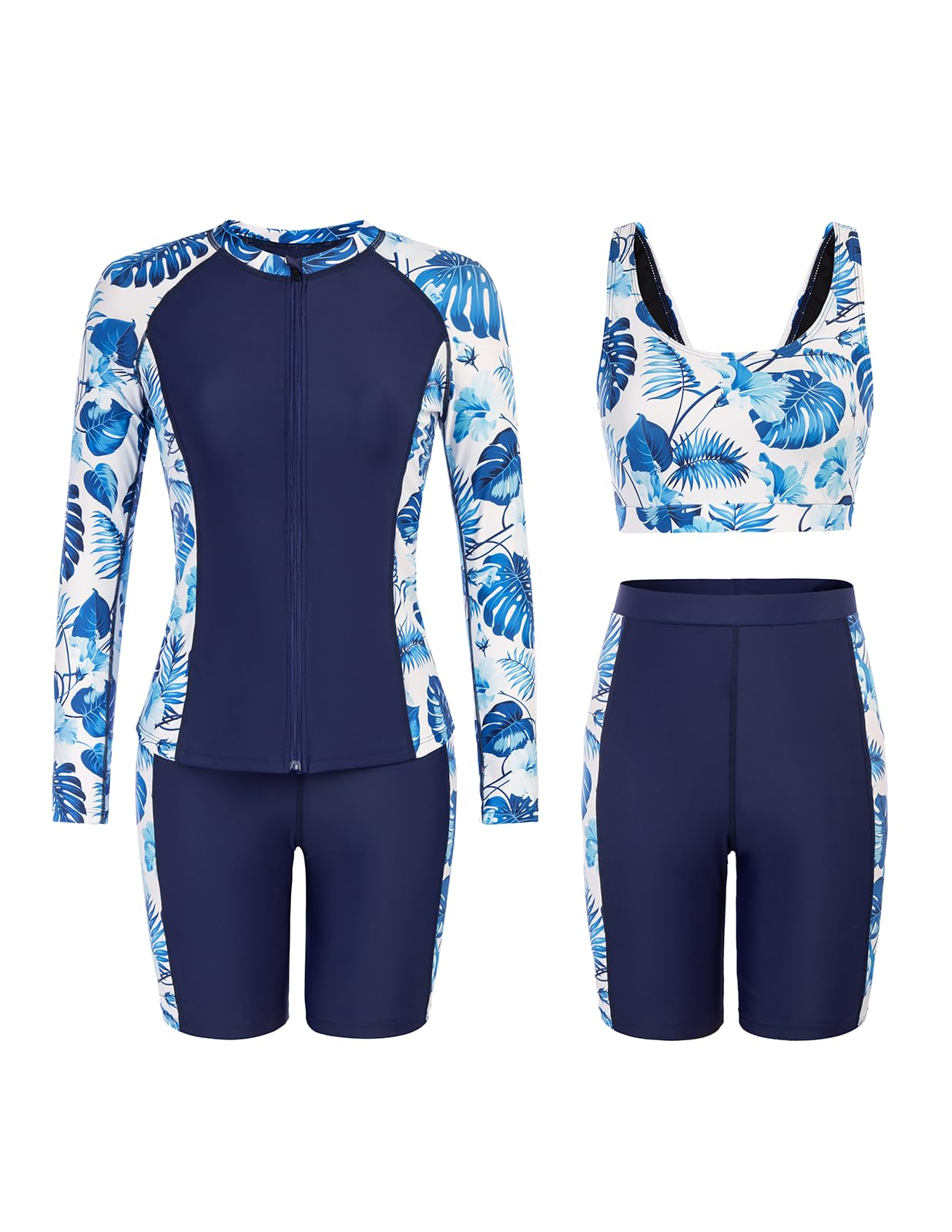 Women's 3 Piece Long Sleeve Rash Guard Swimsuits Zip Front Bathing Suit Tankini Swimsuits UPF 50, Navy/Flower, XX-Large-image-18