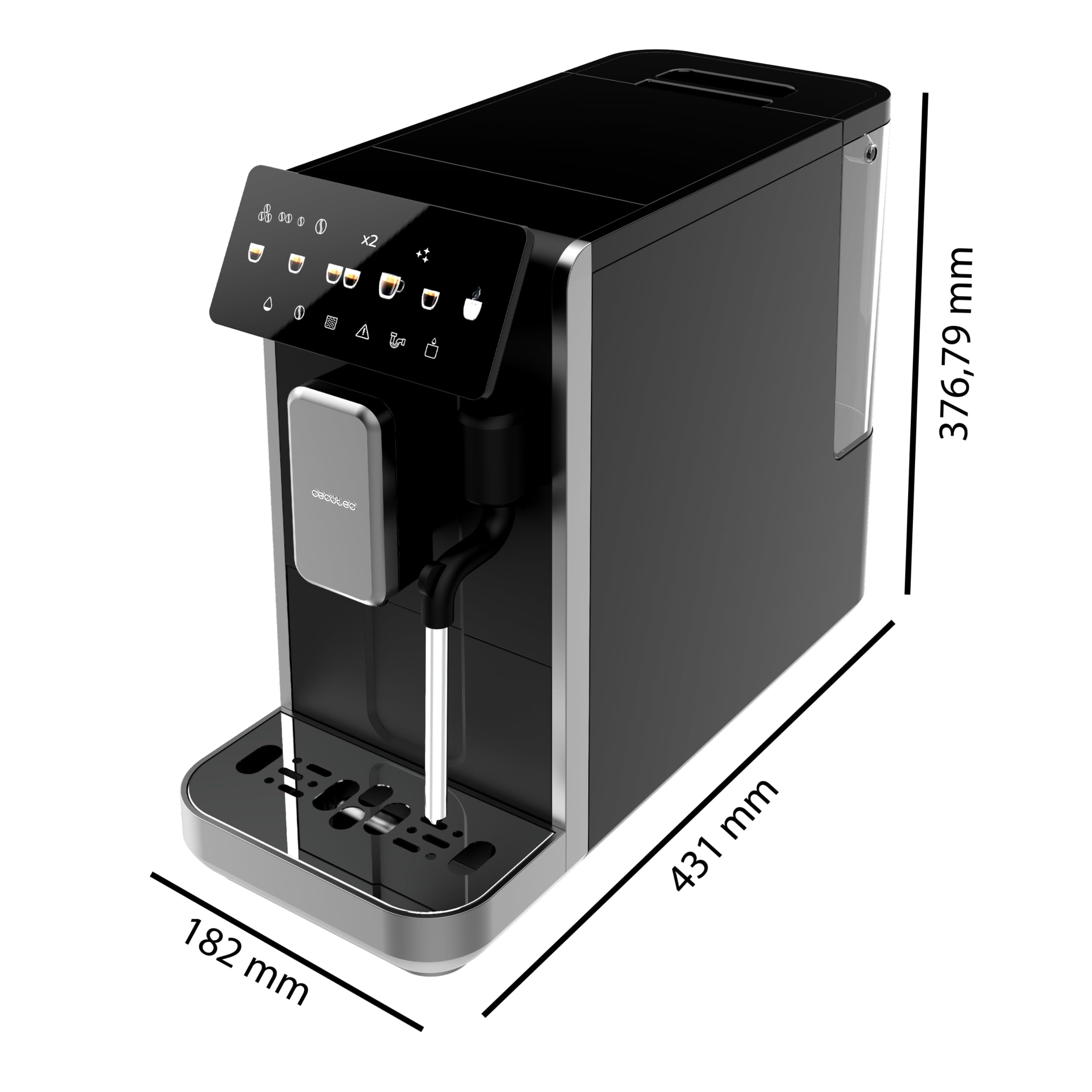 Cecotec Macchina da Caffè Superautomatica Cremmaet Lungo Steam. 19Bar, Thermoblock, 5 Bevande, Vaporizzatore, 5 Livelli di Macinatura, Doppio Braccio, Decalcificazione, Serbatoio Acqua 2L, 280g Caffè