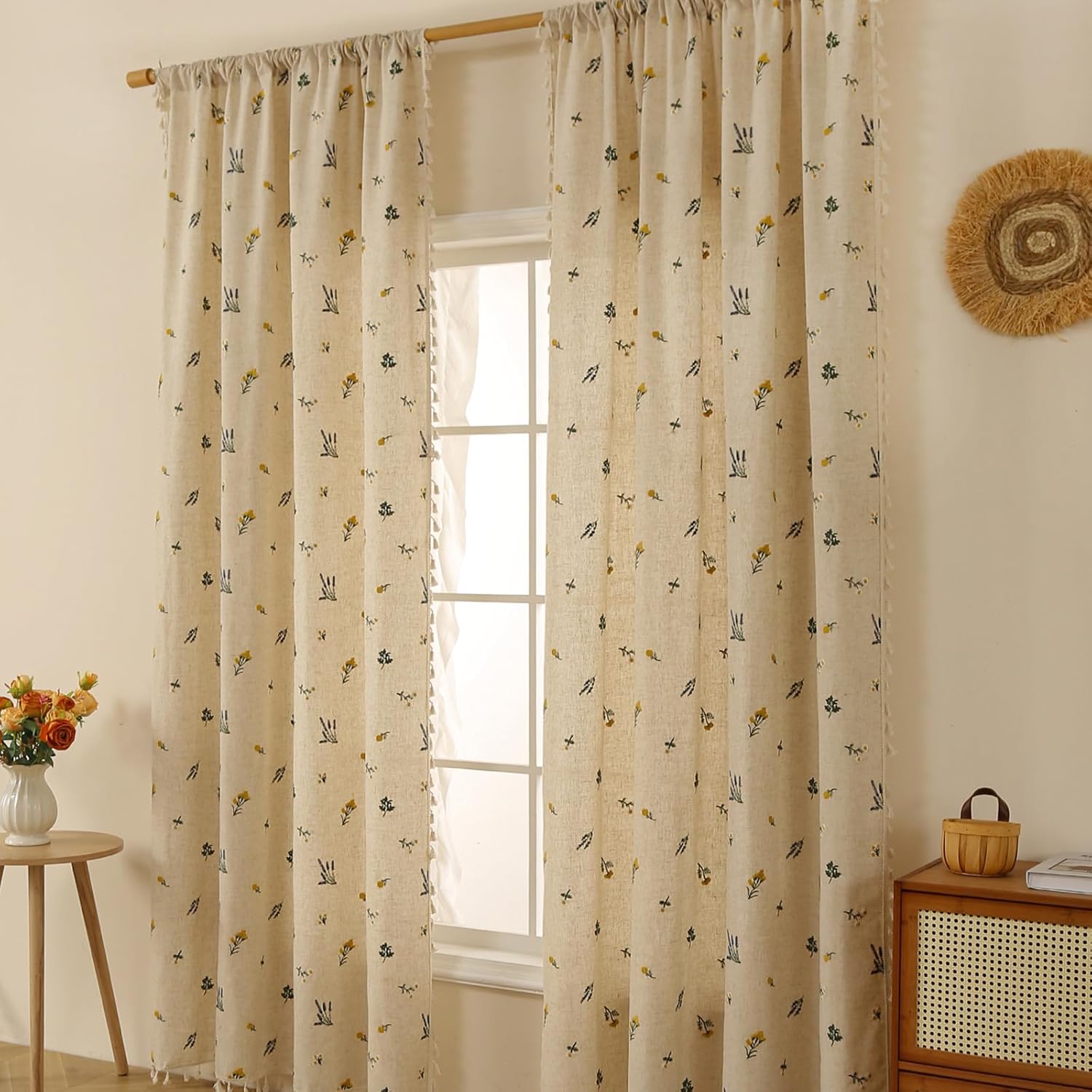 ENJOYBRIDAL Floral 84 Inch Curtains 2 Panel Set Semi Sheer Pattern Drapes Embroidered Rustic Tassel Living Room Window Curtain Panels for Bedroom Girls Rod Pocket Boho Farmhouse Window Treatments